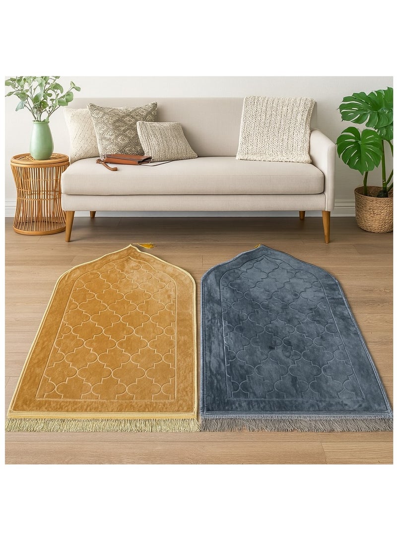 Fabienne Pack of 2 Prayer Mats Grey/Beige 80x120cm Large Size Anti-Slip Velvet Top Thick Padded Prayer Rug New Design Sajadah Prayer Carpet for Men Women Eid Gift Ramadan  - Image 1