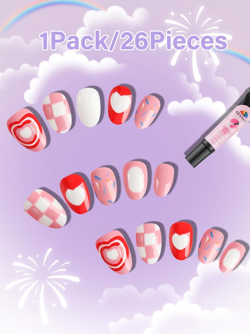 EBANKU 26 Pieces Press on Nails for Kids, EBANKU Kid Fake Nail Kit Pink Heart Press on Nail Short Artificial False Nail Kits for Kids Girls - Image 3