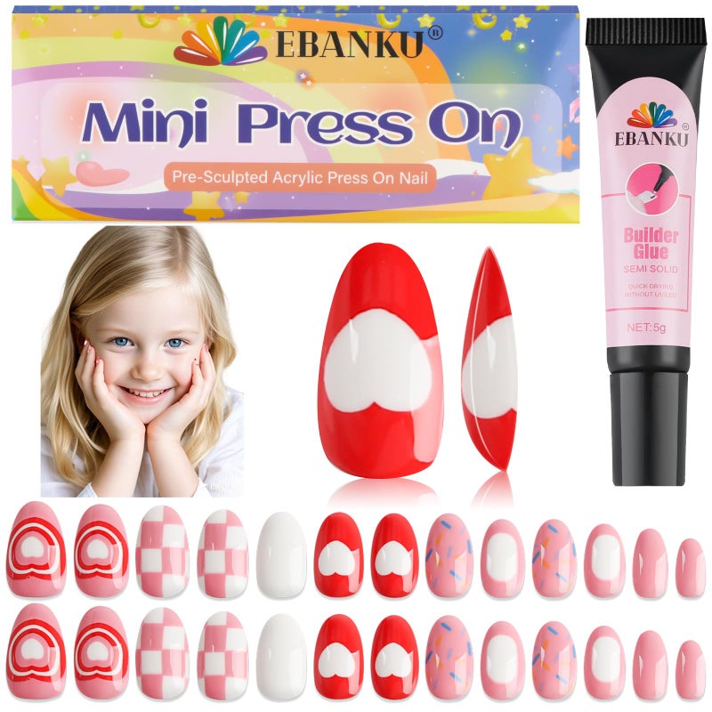 EBANKU 26 Pieces Press on Nails for Kids, EBANKU Kid Fake Nail Kit Pink Heart Press on Nail Short Artificial False Nail Kits for Kids Girls - Image 1