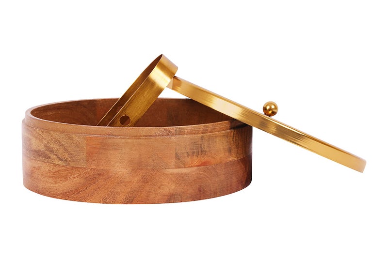 Indian Artisans Premium Wooden Roti Box | Chapati Hotpot Box with Tong | Wooden Casserole for Serving on Dining Table/Kitchen, Hot Pot with Lid for Kitchen (Gold, 22 cm) - Image 4