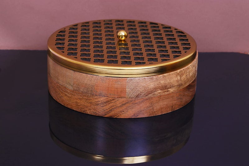 Indian Artisans Premium Wooden Roti Box | Chapati Hotpot Box with Tong | Wooden Casserole for Serving on Dining Table/Kitchen, Hot Pot with Lid for Kitchen (Gold, 22 cm) - Image 1