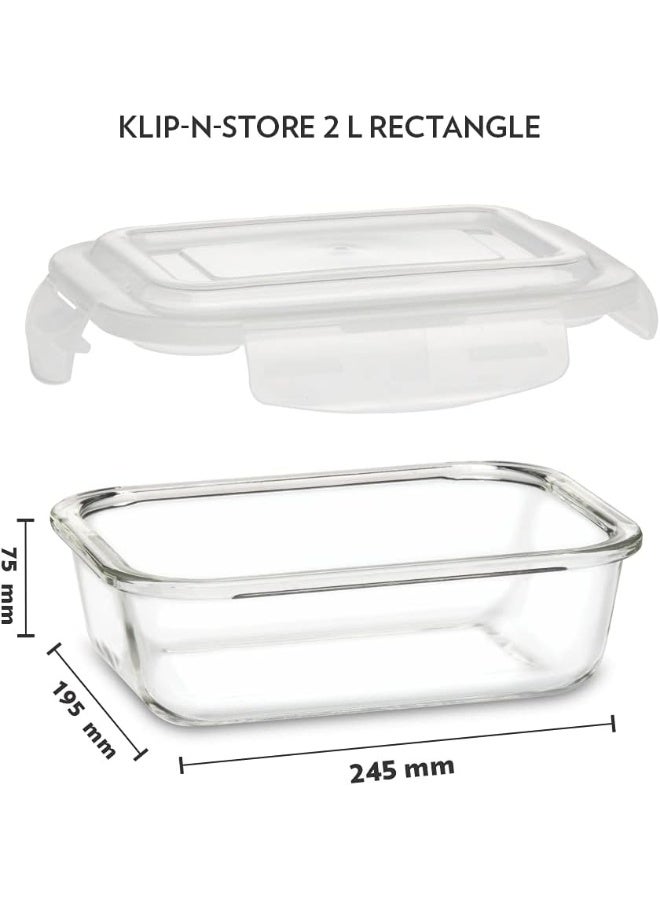 بوروسيل حاوية تخزين زجاجية مستطيلة Klip-N-Store مع غطاء محكم لتخزين الطعام حاوية آمنة للاستخدام في الميكروويف سعة 2.0 لتر - Image 2