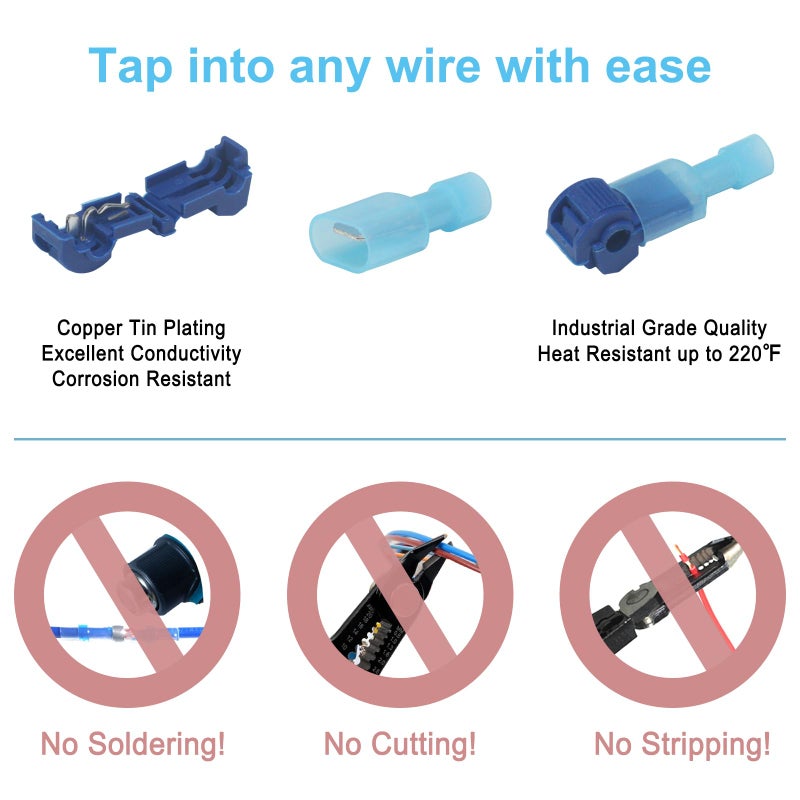 LordandLand 60 Pcs/30 Pairs Quick Splice Wire Terminals T-Tap Self-Stripping Nylon Fully Insulated Male Quick Disconnects for Automotive Wiring (22-10 AWG) - Image 5