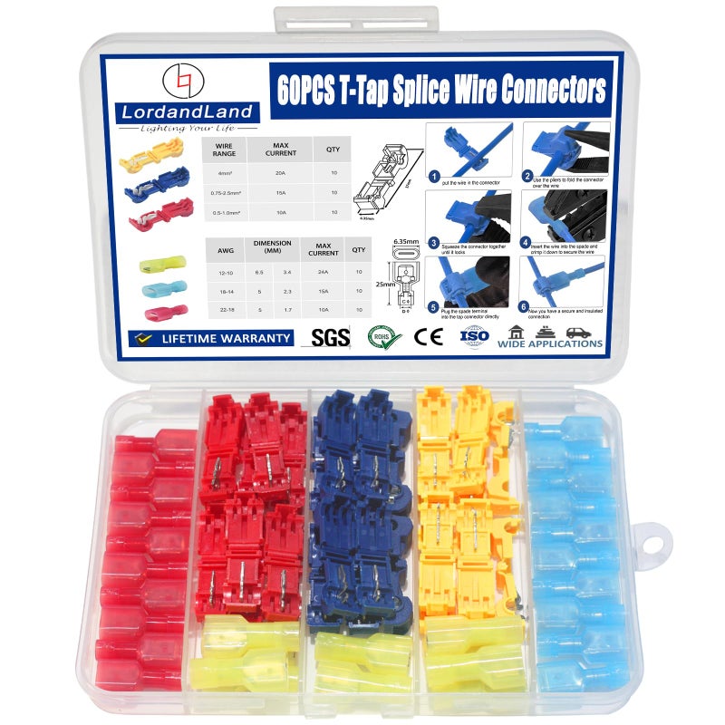 LordandLand 60 Pcs/30 Pairs Quick Splice Wire Terminals T-Tap Self-Stripping Nylon Fully Insulated Male Quick Disconnects for Automotive Wiring (22-10 AWG) - Image 1