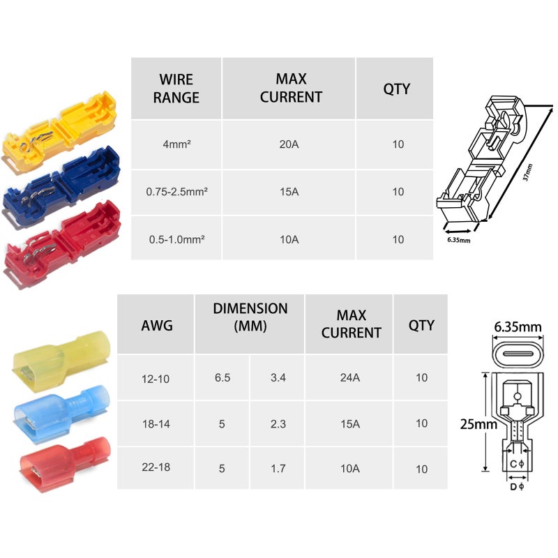 LordandLand 60 Pcs/30 Pairs Quick Splice Wire Terminals T-Tap Self-Stripping Nylon Fully Insulated Male Quick Disconnects for Automotive Wiring (22-10 AWG) - Image 2