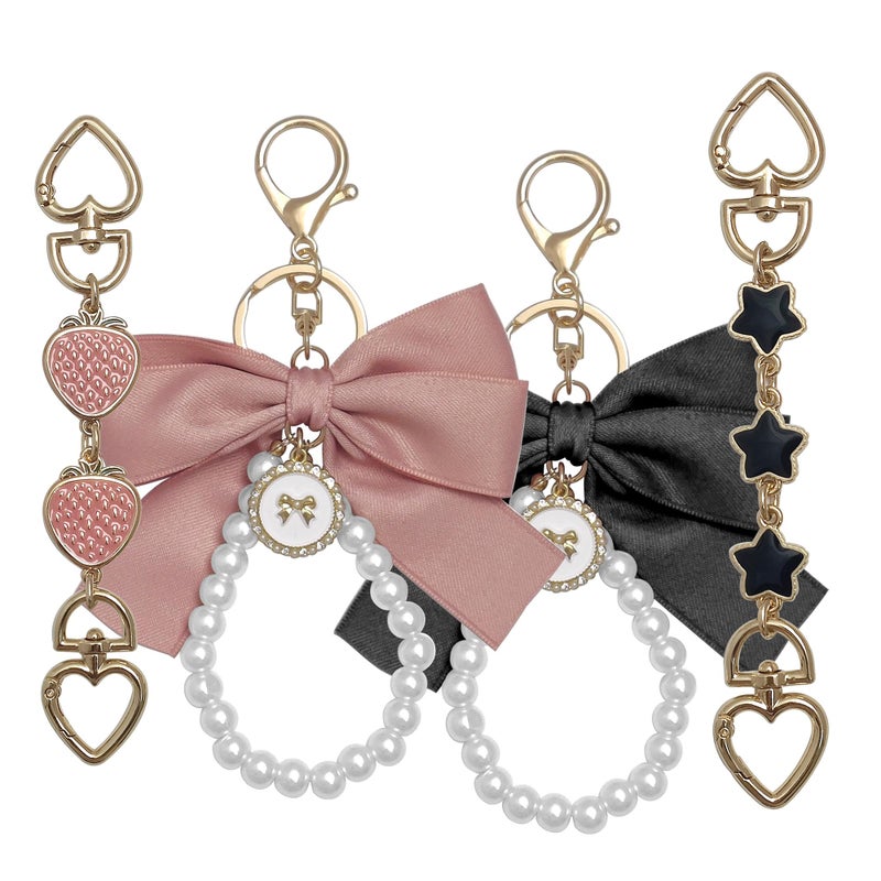 Nalefow 4Pcs Purse Extender Chain & Bow Keychain Kit - 2 Extender Chains & 2 Bow Charms - Handbag Strap Extenders, Replacement Purse Making Supplies, Bag Accessories (Black & Pink Strawberry) - Image 1