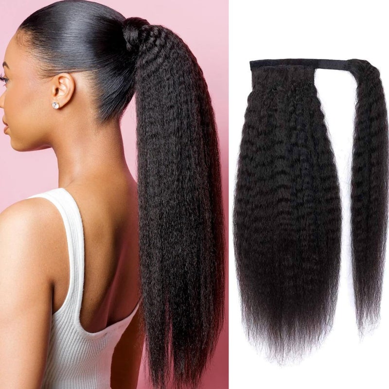 seelaak 22inch Long Wrap Around Kinky Straight Human Hair Ponytail Yaki Straight 100 Human Hair Ponytail Hair Piece with Clips Magic Paste Binding Pony Tail Hairpiece for Women
