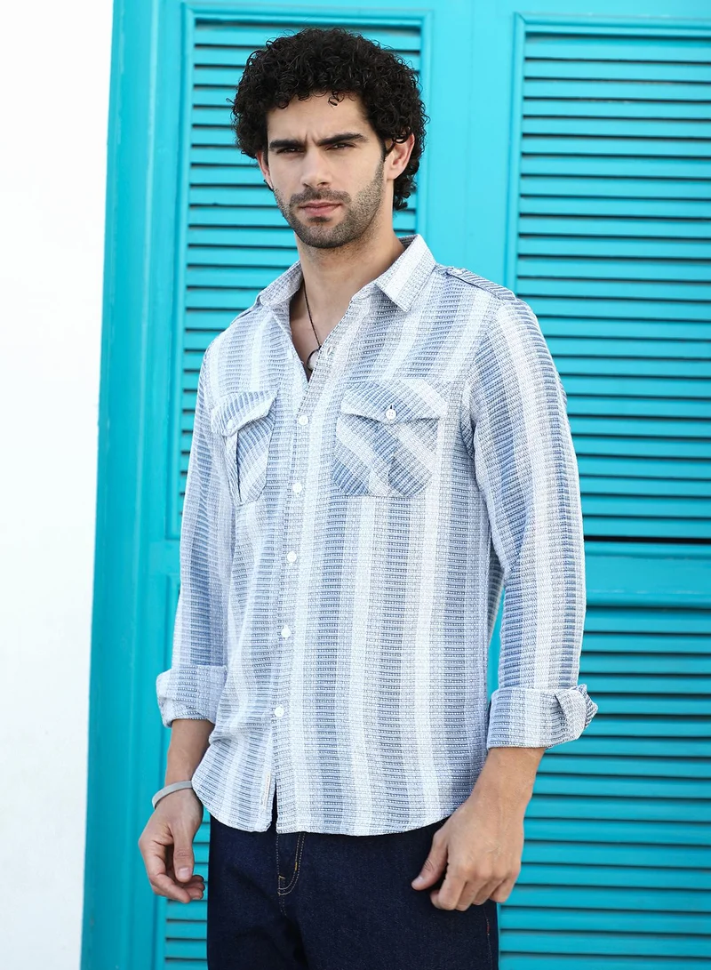 كامبوس سوترا Men's Powder Blue & Coin Grey Nomad-Striped Utility Shirt