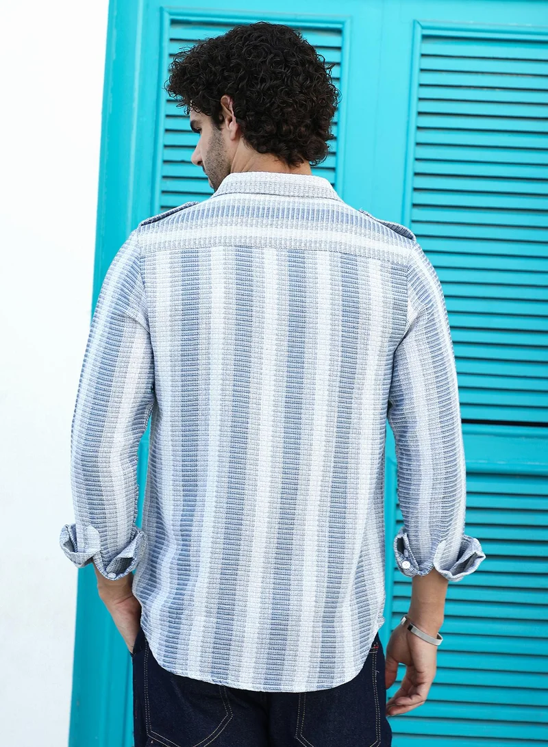 كامبوس سوترا Men's Powder Blue & Coin Grey Nomad-Striped Utility Shirt