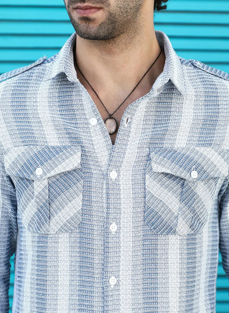 كامبوس سوترا Men's Powder Blue & Coin Grey Nomad-Striped Utility Shirt