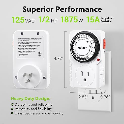 BN-LINK 24 Hour Plug-in Mechanical Timer Grounded for Aquarium, Grow Light, Hydroponics, Indoor Lighting, Home Appliances, ETL Listed 125VAC, 60 Hz, 1875W, 15A, 1/2HP (1 Pack) - Image 4