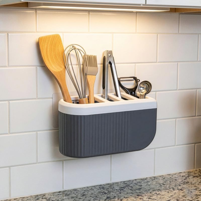 HAPPI Self-Adhesive Wall-Mount Kitchen Cutlery Holder, Knife Stand, Spoon/Fork/Chopstick Storage Rack Organizer Box (4-Compartments) - Image 1