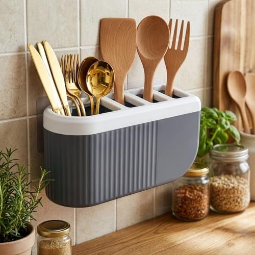 HAPPI Self-Adhesive Wall-Mount Kitchen Cutlery Holder, Knife Stand, Spoon/Fork/Chopstick Storage Rack Organizer Box (4-Compartments) - Image 3