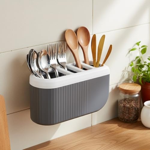 HAPPI Self-Adhesive Wall-Mount Kitchen Cutlery Holder, Knife Stand, Spoon/Fork/Chopstick Storage Rack Organizer Box (4-Compartments) - Image 2