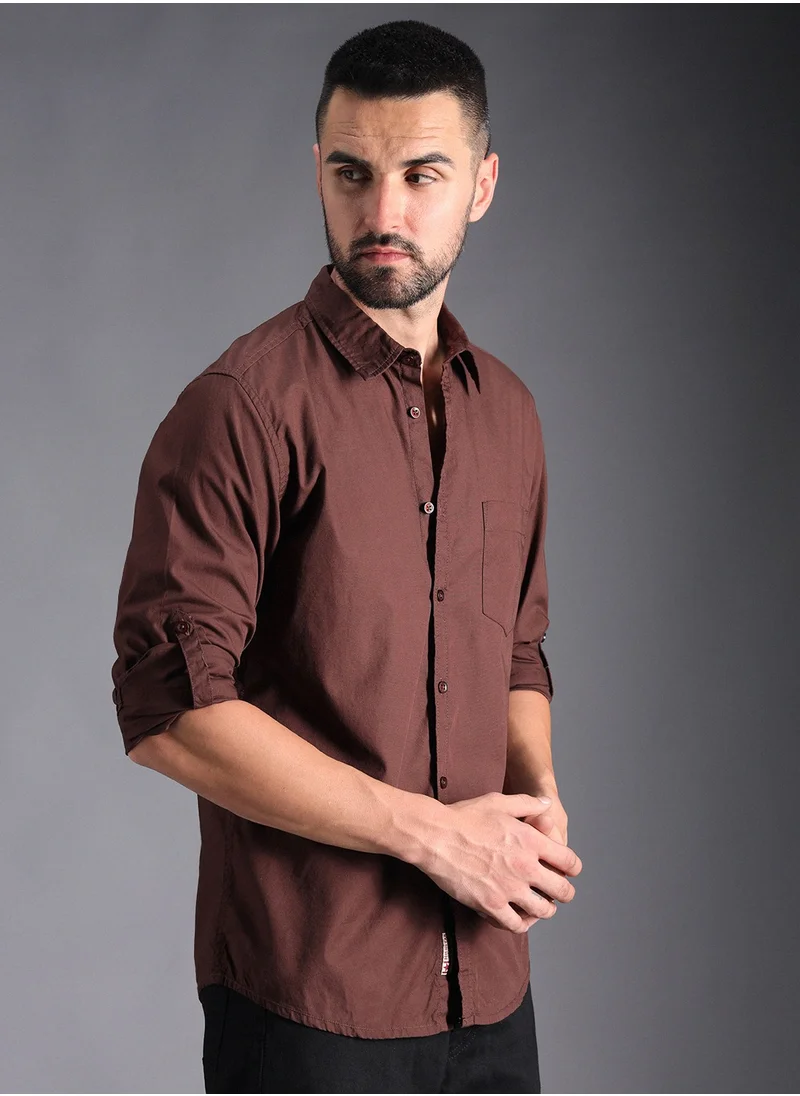 HIGH STAR Classic Roll Up Sleeves Pure Cotton Casual Shirt for Men