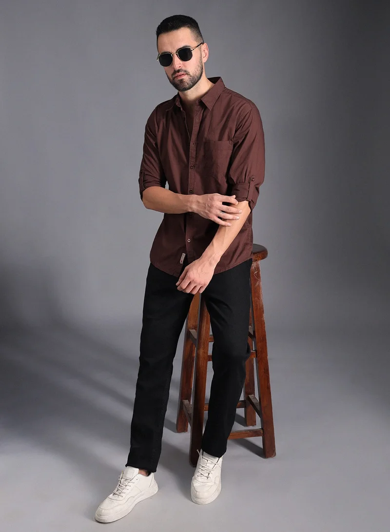 هاي ستار Classic Roll Up Sleeves Pure Cotton Casual Shirt for Men