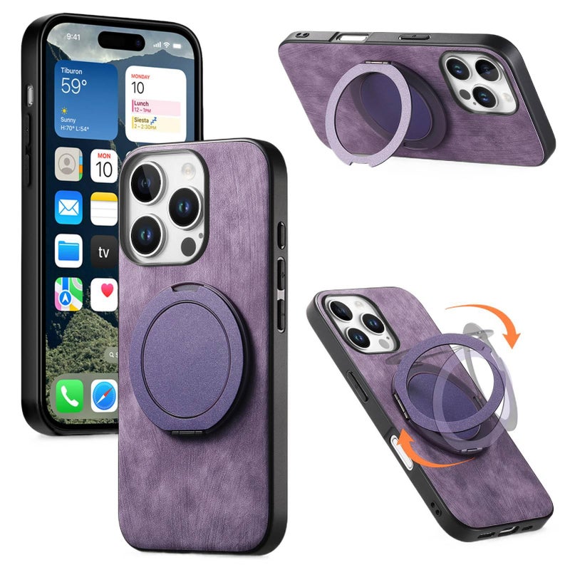 MS Leather Texture MagSafe Case for iPhone 13 with Rotating Magnetic Ring and 360° Kickstand plus Shockproof plus Anti-Fingerprint in Purple - Image 1
