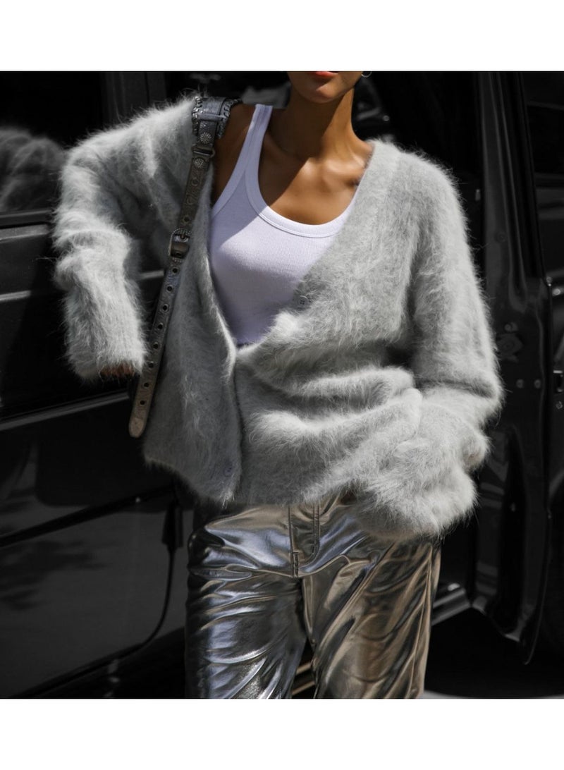 NIBEMINENT Women Autumn Fashion V-Neck Plush Knitted Cardigans Loose Solid Long Sleeves Single-Breasted Knit Outerwear Casual Daily Coat - Image 1