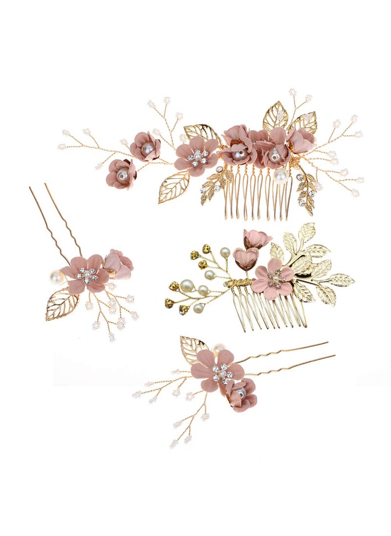 NUOBESTY Handmade Rhinestone Floral Hair Comb Set  Bridal Headpiece Hair Accessories Hair Pins and Hair Clips for Wedding Dress Pink 
