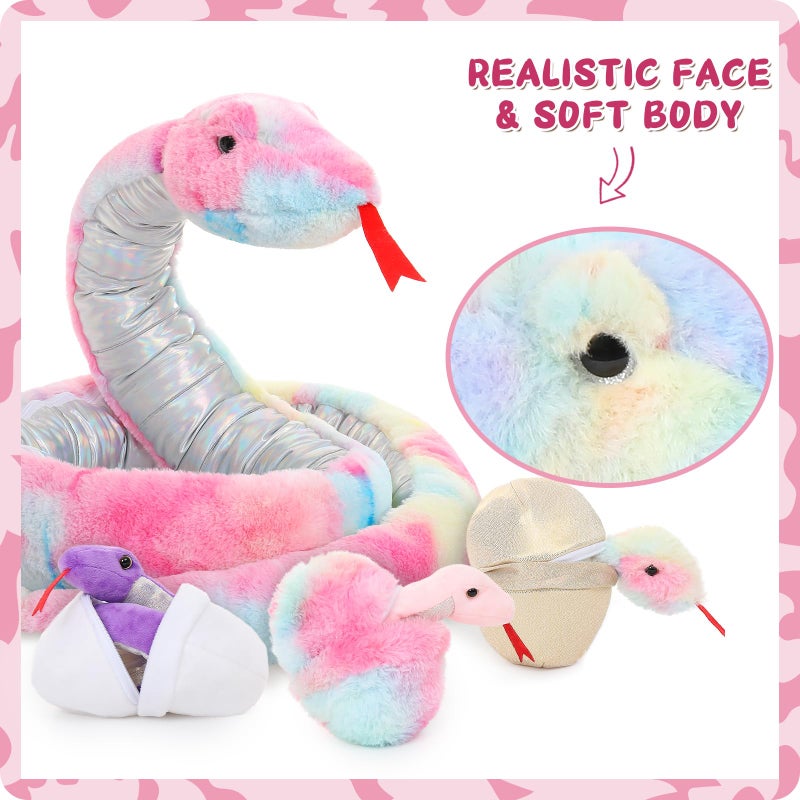 MorisMos Giant Snake Stuffed Animal Mommy with Babies, Realistic Stuffed Snakes Plush Toy, Long Boa Constrictor for Kids, Girls, Boys, Halloween, Pink, 120in - Image 2