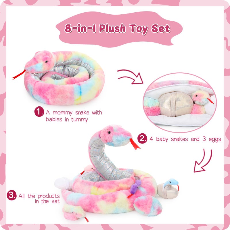 MorisMos Giant Snake Stuffed Animal Mommy with Babies, Realistic Stuffed Snakes Plush Toy, Long Boa Constrictor for Kids, Girls, Boys, Halloween, Pink, 120in - Image 3