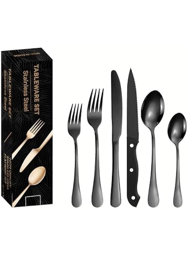 هوكور Durku 24 Pcs Silverware Set with Steak Knives Service for 4, Food-Grade Stainless Steel Flatware Set,Home Kitchen Eating Tableware Set,Include Fork Knife Spoon Set,Dishwasher Safe (Black)  - Image 1