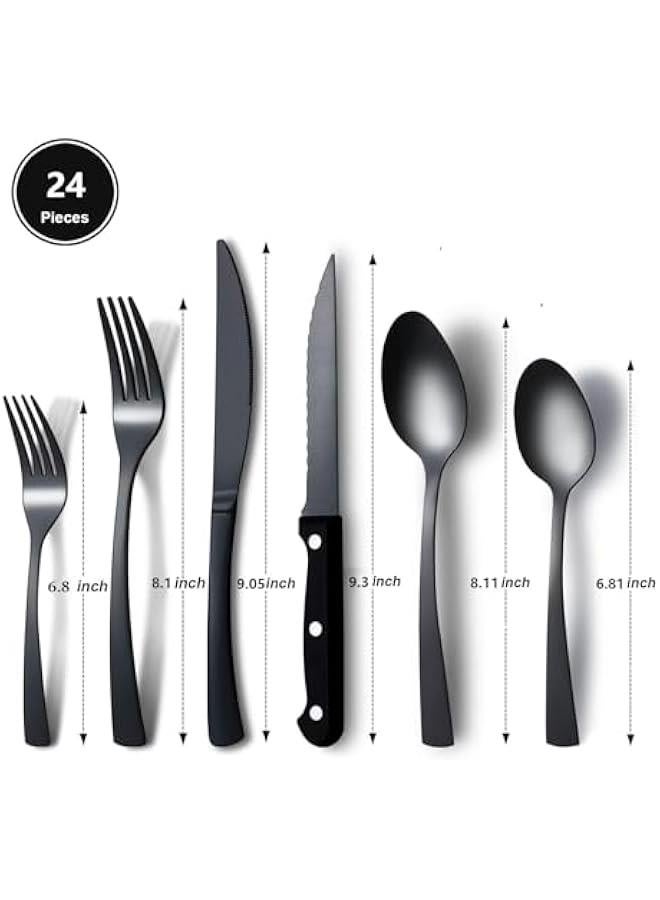 هوكور Durku 24 Pcs Silverware Set with Steak Knives Service for 4, Food-Grade Stainless Steel Flatware Set,Home Kitchen Eating Tableware Set,Include Fork Knife Spoon Set,Dishwasher Safe (Black)  - Image 2