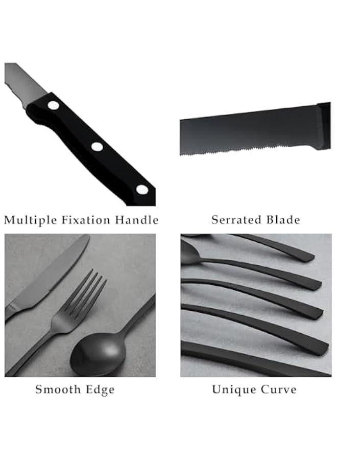 هوكور Durku 24 Pcs Silverware Set with Steak Knives Service for 4, Food-Grade Stainless Steel Flatware Set,Home Kitchen Eating Tableware Set,Include Fork Knife Spoon Set,Dishwasher Safe (Black)  - Image 4