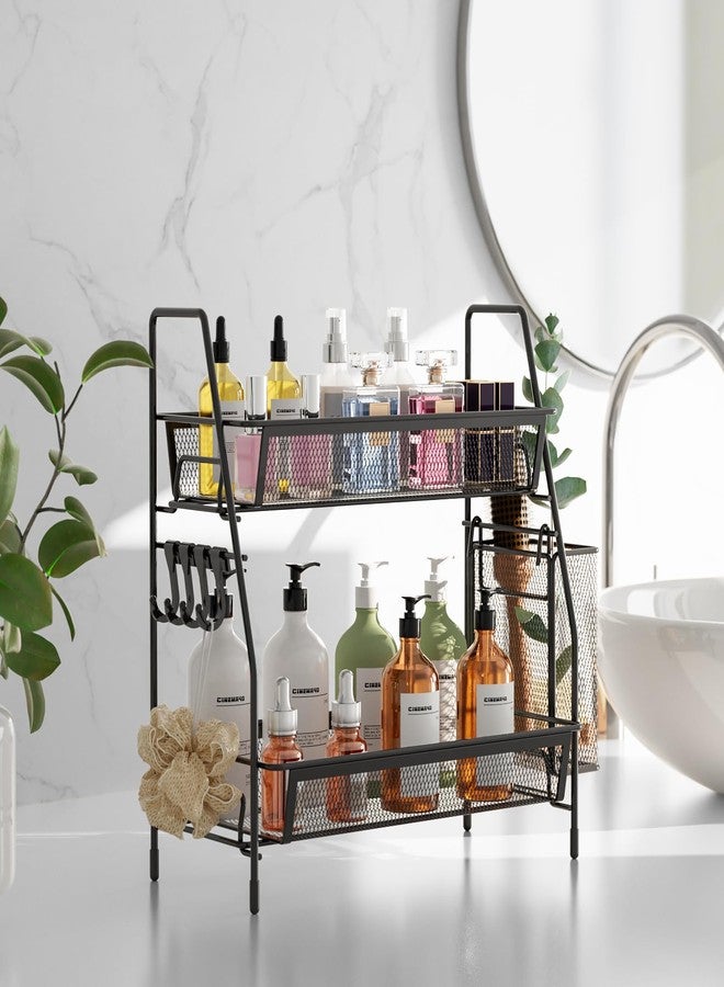 VITVITI 2-Tier Bathroom Organizer Countertop, Metal Wire Mesh Bathroom Counter Organizer Storage with Basket Hooks, Vanity Tray Shelf, Kitchen Spice Rack, Small Black - Image 2