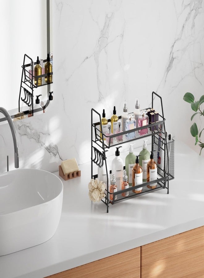 VITVITI 2-Tier Bathroom Organizer Countertop, Metal Wire Mesh Bathroom Counter Organizer Storage with Basket Hooks, Vanity Tray Shelf, Kitchen Spice Rack, Small Black - Image 3