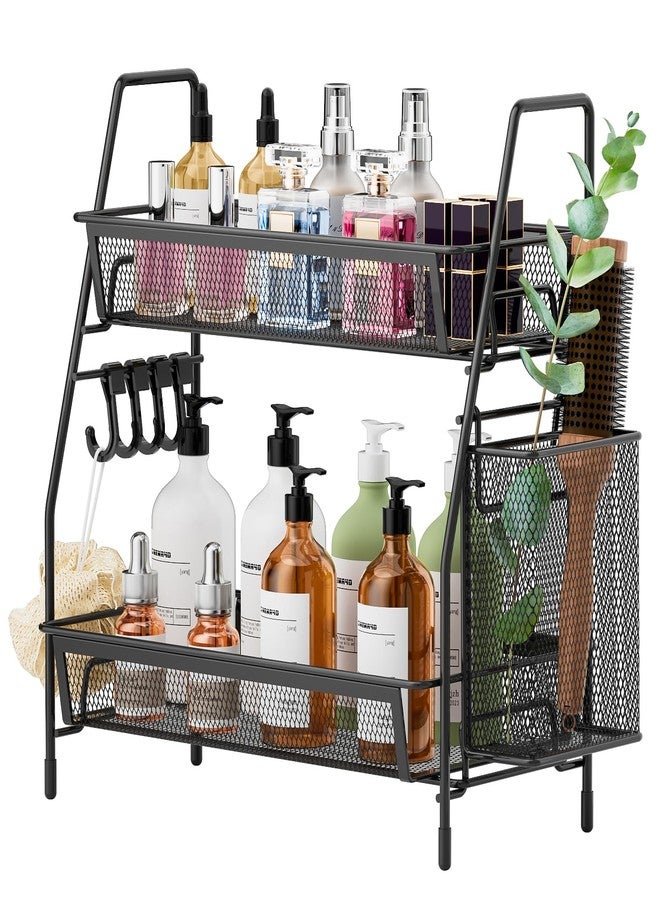 VITVITI 2-Tier Bathroom Organizer Countertop, Metal Wire Mesh Bathroom Counter Organizer Storage with Basket Hooks, Vanity Tray Shelf, Kitchen Spice Rack, Small Black - Image 1