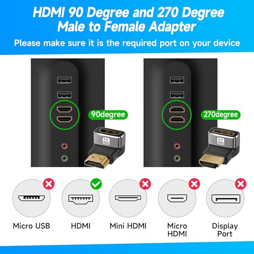 Togconn 8K 90 Degree HDMI 2.1 Adapter 4 Pack, (Up and Down) Right Angle HDMI Male to Female HDMI L-Shaped Connector Extender Support 8K@60Hz,4K@120Hz for Google Chrome Cast, Roku Stick, Wall TV, Laptop and PC - Image 2