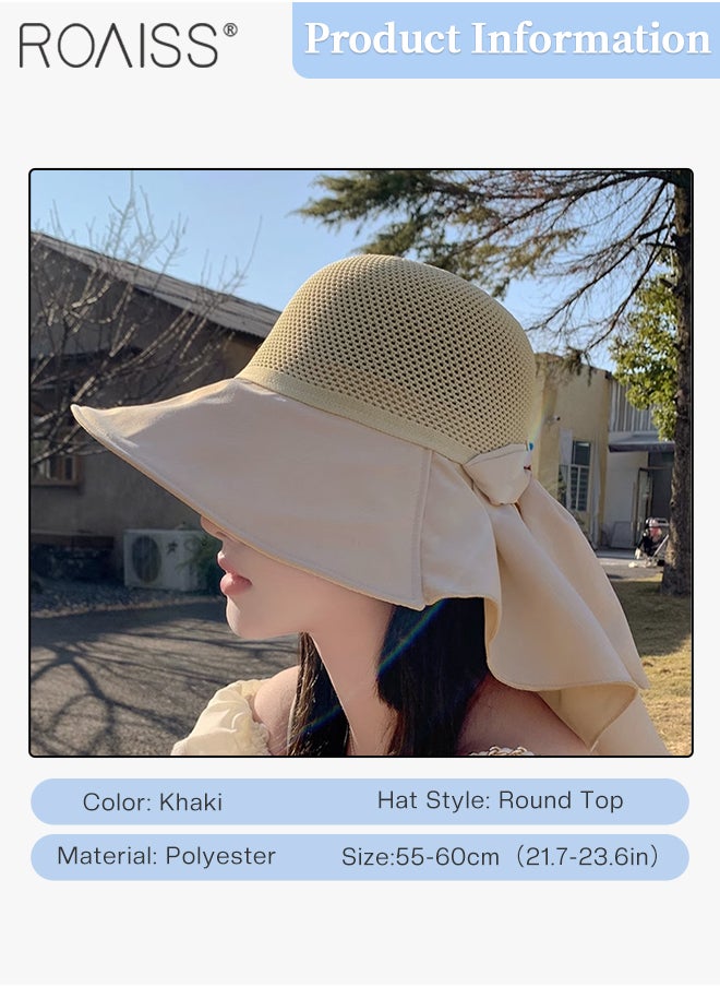 roaiss - Bucket Hat with Shawl for Women Breathable Hollow Cut Knitted Sun Hat Wide Brim UPF50+ Sun Protection Cap Packable Summer Beach Outdoor Hat for Ladies - Image 1