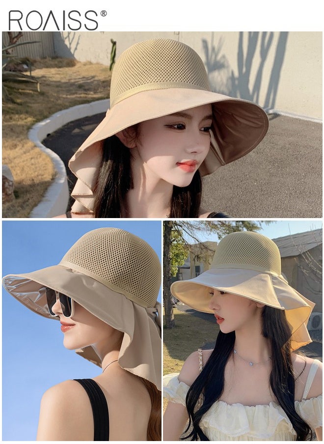 roaiss - Bucket Hat with Shawl for Women Breathable Hollow Cut Knitted Sun Hat Wide Brim UPF50+ Sun Protection Cap Packable Summer Beach Outdoor Hat for Ladies - Image 1