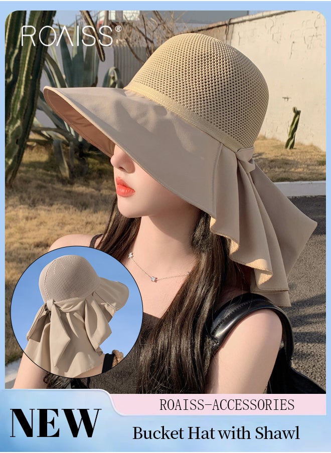 roaiss - Bucket Hat with Shawl for Women Breathable Hollow Cut Knitted Sun Hat Wide Brim UPF50+ Sun Protection Cap Packable Summer Beach Outdoor Hat for Ladies - Image 1