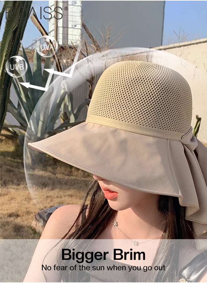 roaiss - Bucket Hat with Shawl for Women Breathable Hollow Cut Knitted Sun Hat Wide Brim UPF50+ Sun Protection Cap Packable Summer Beach Outdoor Hat for Ladies - Image 1