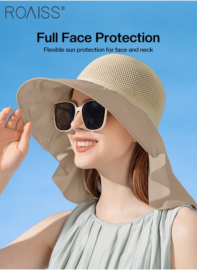 roaiss - Bucket Hat with Shawl for Women Breathable Hollow Cut Knitted Sun Hat Wide Brim UPF50+ Sun Protection Cap Packable Summer Beach Outdoor Hat for Ladies - Image 1