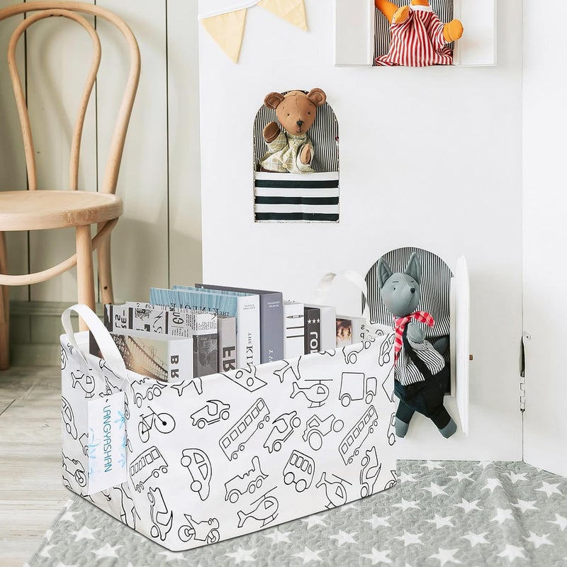 LANGYASHAN Rectangular Storage Bin Collapse Canvas Fabric Cartoon Storage Basket with Handles for Organizing Home Kitchen Boys and Girls Toys Office Closet Shelf Baskets (Rec Vehicle) - Image 5
