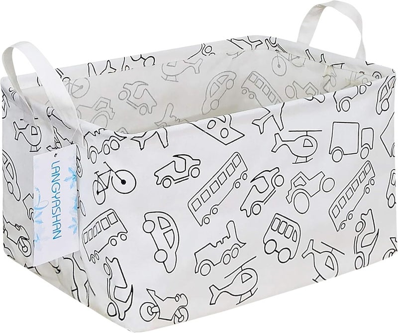 LANGYASHAN Rectangular Storage Bin Collapse Canvas Fabric Cartoon Storage Basket with Handles for Organizing Home Kitchen Boys and Girls Toys Office Closet Shelf Baskets (Rec Vehicle) - Image 1