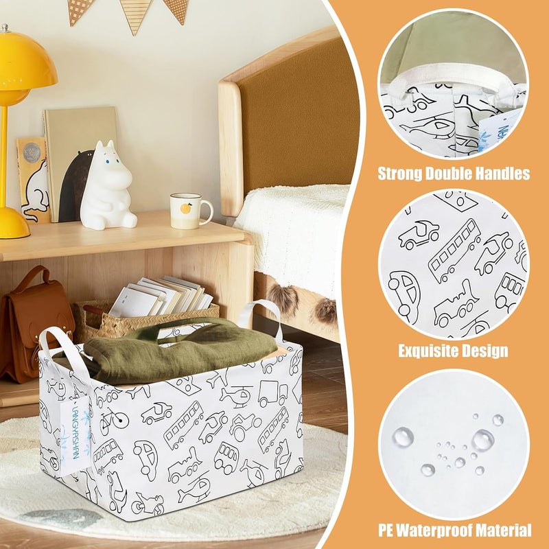 LANGYASHAN Rectangular Storage Bin Collapse Canvas Fabric Cartoon Storage Basket with Handles for Organizing Home Kitchen Boys and Girls Toys Office Closet Shelf Baskets (Rec Vehicle) - Image 3