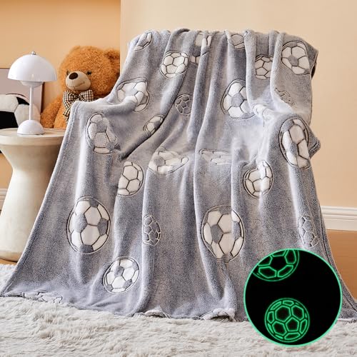 Wajade Soccer Gifts Toys for Boys Girls - Glow in The Dark Soccer Blanket Birthday Christmas Decor for Kids Age 3 4 5 6 7 8 9 10 11 12 Years Old Teens Child Toddler Throw Light Grey 50"x60" - Image 1