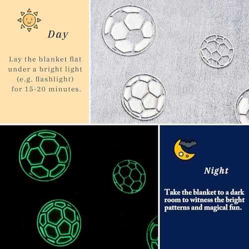 Wajade Soccer Gifts Toys for Boys Girls - Glow in The Dark Soccer Blanket Birthday Christmas Decor for Kids Age 3 4 5 6 7 8 9 10 11 12 Years Old Teens Child Toddler Throw Light Grey 50"x60" - Image 2