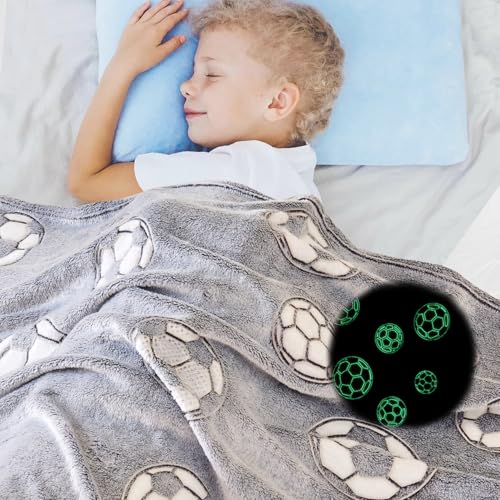 Wajade Soccer Gifts Toys for Boys Girls - Glow in The Dark Soccer Blanket Birthday Christmas Decor for Kids Age 3 4 5 6 7 8 9 10 11 12 Years Old Teens Child Toddler Throw Light Grey 50"x60" - Image 4