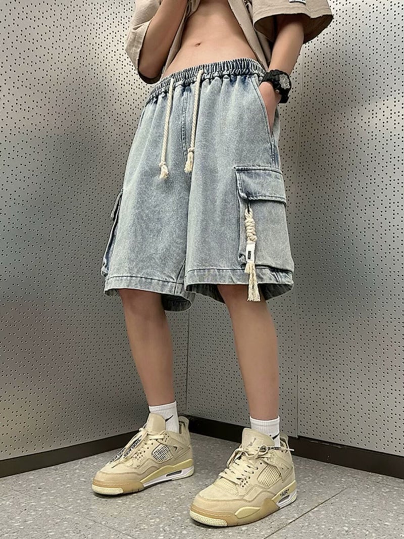 American retro drawstring workwear Denim shorts boys summer thin loose youth fifth pants fashion brand - Image 1