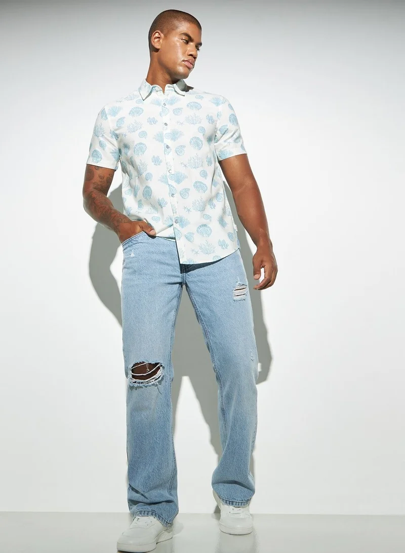 Lee Cooper Lee Cooper All-Over Graphic Print Oxford Shirt with Short Sleeves