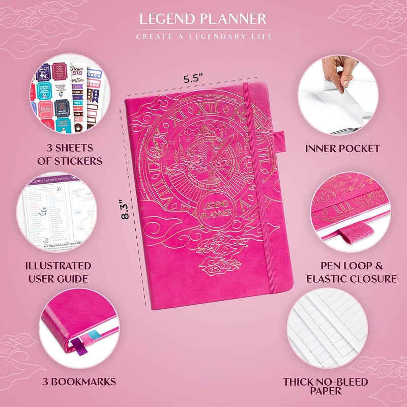 Legend Planner – مخطط أسبوعي وشهري فاخر لتحقيق أهدافك والعيش بسعادة أكبر. دفتر تنظيم ومفكرة إنتاجية. غلاف مقوى A5، غير مؤرخ – ابدأ في أي وقت + ملصقات – ذهبي وردي فاتح - Image 2