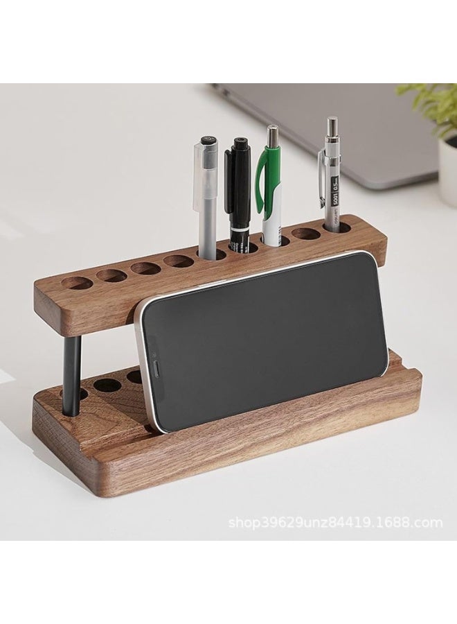 NANAO Wooden Desk Organiser with Phone Stand, 9-Slot Pen Holder, Walnut Wood, 20 x 8 x 8 cm - Image 1