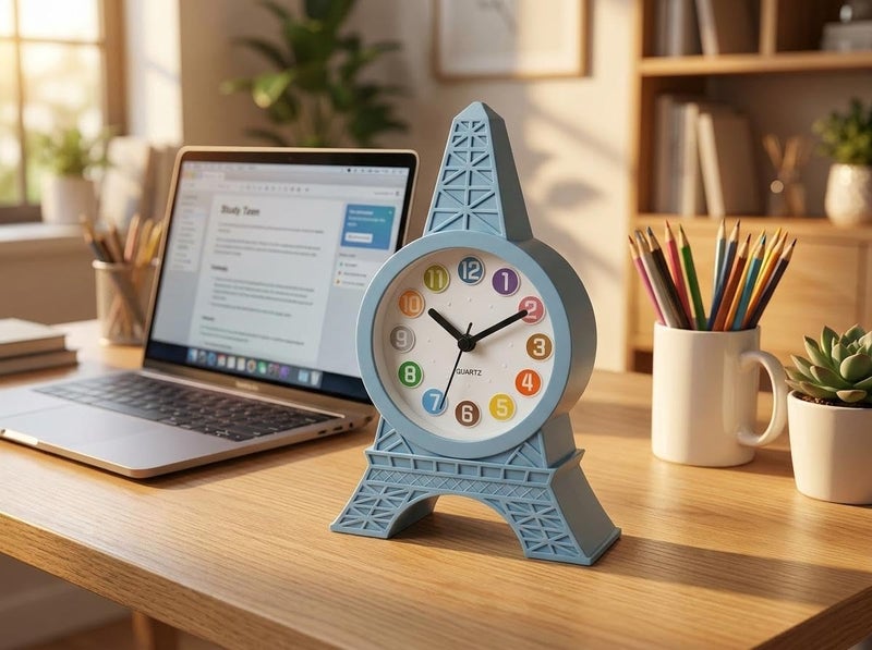 Eiffel Tower Alarm Clock Blue Quartz Colorful Numbers Home Decor - Image 4
