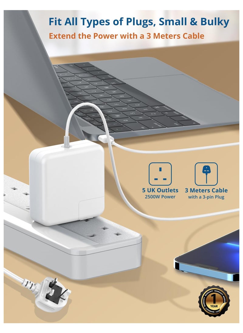 بيجانت سلك تمديد طاقة 5 اتجاهات مع USB، 1 × USB نوع سي بي دي 20 واط، 3 منافذ شحن سريع USB-A كيو سي، 5 × مقابس كهربائية بريطانية، شريط حماية متعدد المقابس، كيبل 3 متر (معيار الامارات  - Image 5