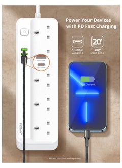بيجانت سلك تمديد طاقة 5 اتجاهات مع USB، 1 × USB نوع سي بي دي 20 واط، 3 منافذ شحن سريع USB-A كيو سي، 5 × مقابس كهربائية بريطانية، شريط حماية متعدد المقابس، كيبل 3 متر (معيار الامارات  - Image 3